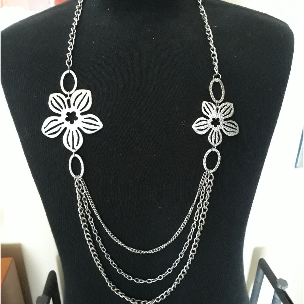 Triple Stand Opera Length  Necklace Silver Flowers 36” - Picture 2 of 4